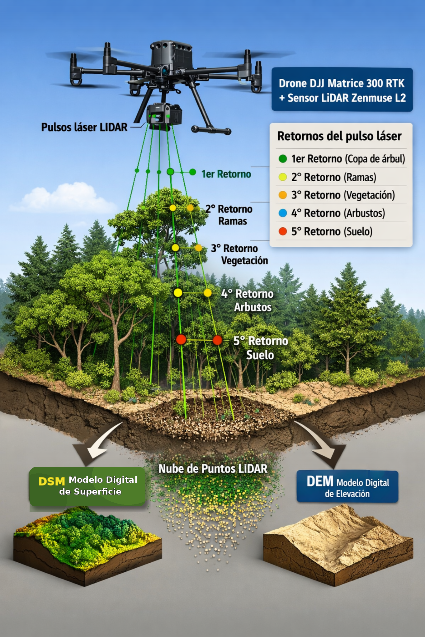 Esquema explicativo LiDAR con múltiples retornos